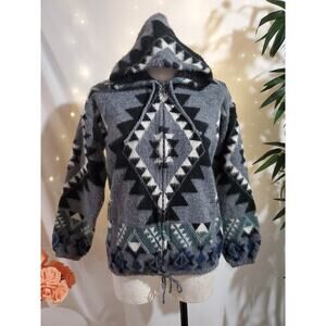 Vtg Tejidos Ruminahui Ecuador Tribal Aztec Zip Hooded Wool Sweater Jacket Size S